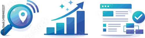SEO Elements Illustration. Organic discovery environment visualized as search signals, rankings, and structured content alignment,