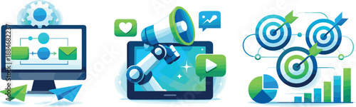 Automated Marketing Illustration. Automation-driven marketing landscape illustrated through synchronized workflows executing