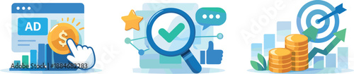 Performance Marketing Icons. Performance marketing scene illustrated via cost-per-click control, relevance signals, and measurable