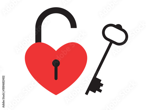 Opened red heart-shaped padlock and a key. Flat vector illustration isolated on a white background