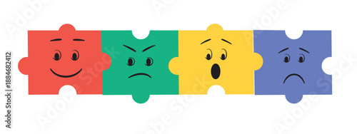 Basic emotions are joy, sadness, anger, fear or surprise on a colorful puzzle pieces. Vector illustration isolated on a white background