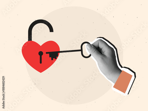 Black and white hand holding a key which opens a heart-shaped padlock. Modern collage style. Vector illustration
