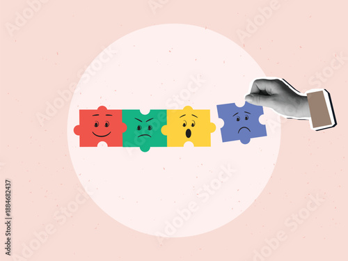 Black and white hand puts puzzle piece in a row with a basic emotions are joy, sadness, anger, fear or surprise.  Modern photo collage style. Vector illustration