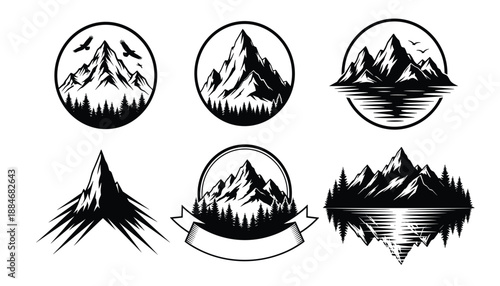 Stylized mountain landscape logos with trees birds reflections and circular or banner frames in black and white