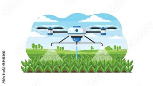 Advanced agricultural drone efficiently spraying pesticides or fertilizer over a vibrant green field of crops, symbolizing smart farming and modern agriculture.