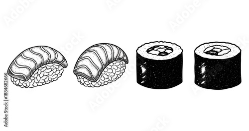 Traditional japanese sushi: nigiri and maki rolls with fresh ingredients