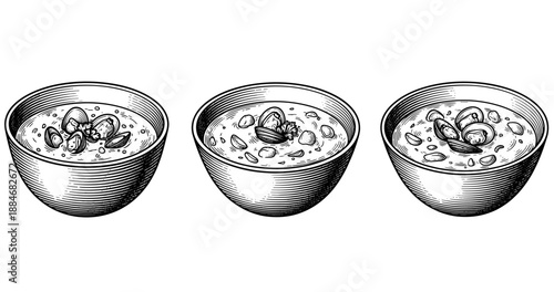 Hand-drawn clam chowder soup bowls illustrations with shellfish and herbs