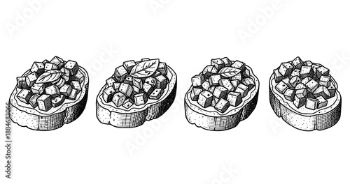 Monochrome illustrations of bruschetta variations with diced toppings