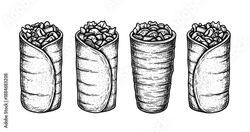 Hand-drawn burrito and wrap vector illustrations: mexican food art with beans and rice
