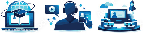 Virtual Classroom Icons. Future-oriented virtual classroom ecosystem expressed through accessible education, digital interaction,