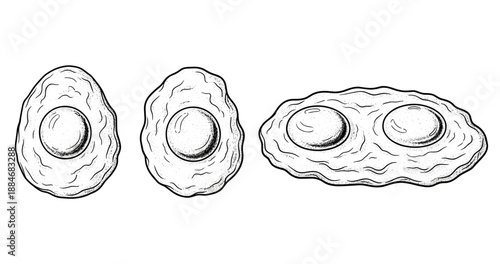 Three fried egg variations in black and white sketch style
