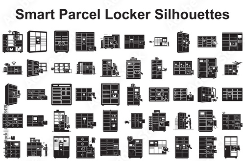 Collection of smart parcel locker silhouettes isolated on white background