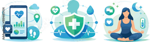 Connected Health Icons. Digital wellness landscape illustrated through connected health data empowering proactive care and