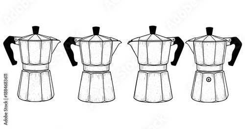 Hand-drawn vintage moka pots on white background