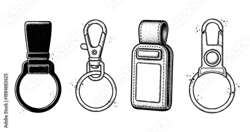 Vintage keychain clip art set with retro design elements