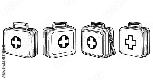 Vector set of first aid kits: hand-drawn medical boxes with cross symbols on white background