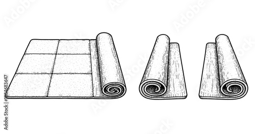 Detailed illustration of rolled and unrolled yoga mats in black and white