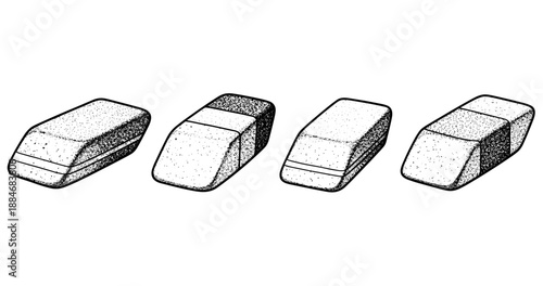Set of four black and white erasers with textured details