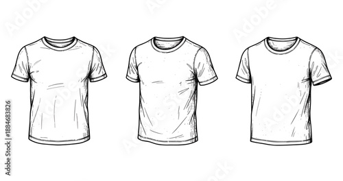 Set of three blank t-shirts with sketch design on white background