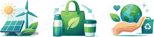 Sustainable Icons Trio. Green living framework depicted through renewable choices, reusable solutions, and responsible everyday