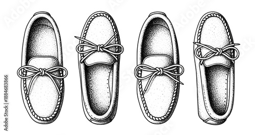 Monochrome pen sketch of loafers with laces in top view
