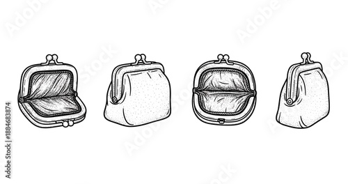 Vintage coin purse set: open and closed views in detailed retro style illustration