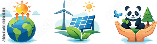 Climate Action Icons. Environmental change framework depicted through warming trends, renewable action, and conservation