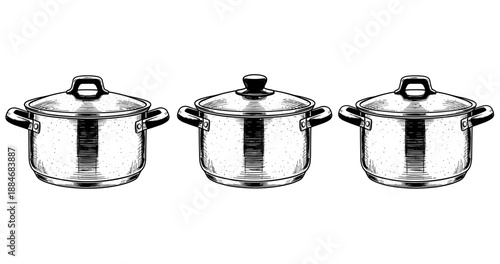 Set of three hand-drawn cooking pots with lids in vintage style