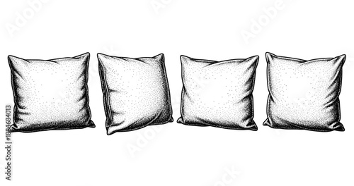Set of four detailed black and white cushion sketches with textured fabric