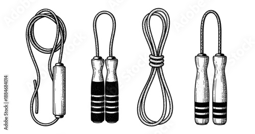 Collection of jump ropes with handles in different arrangements