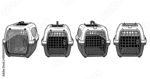 Set of four black and white pet carriers with wire doors