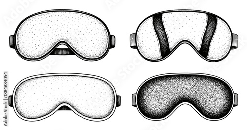 Set of black and white sleep masks with straps and patterns