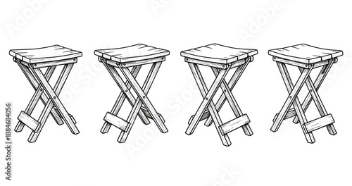 Set of four wooden folding stools with cross-leg design