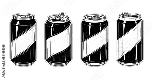 Vintage black and white soda cans illustration with pop art style lined design