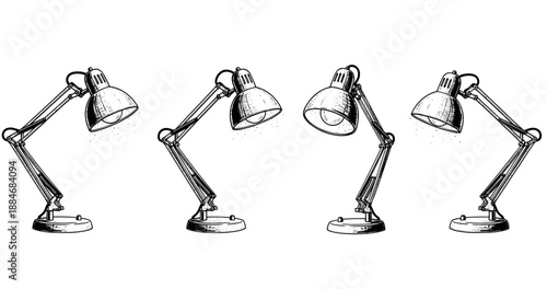Vintage adjustable desk lamps with articulating arms in black and white