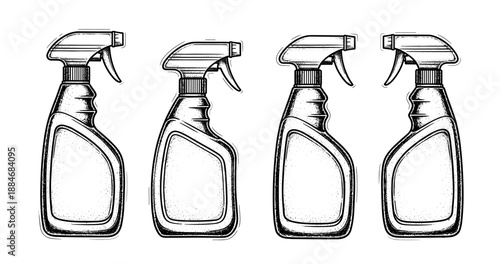 Set of four monochrome spray bottles in vintage design