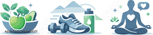 Wellness Framework Icons. Holistic personal health framework depicted through mindful nutrition, exercise, and emotional wellness