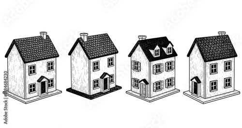 Set of vintage style engraved houses with detailed architectural features