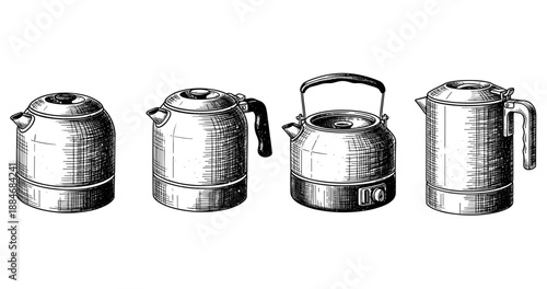 Vintage engraved style collection of four kettles with varying designs