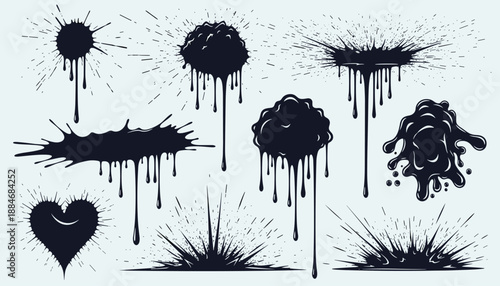 Collection of black ink splatter shapes with dripping effects and abstract bursts in artistic style