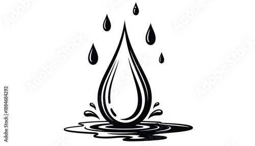 Large water droplet splashing into surface with smaller drops and ripple effect in black and white