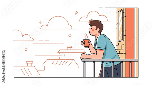 Young caucasian male enjoying coffee on balcony with scenic sky view