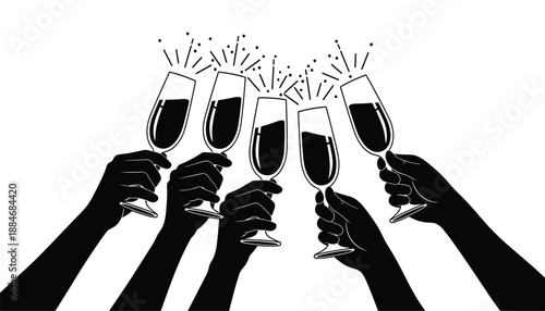 Artistic rendering of champagne cheers with six hands and festive bursts in monochrome