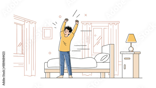 Young caucasian male stretching in bedroom after waking up in the morning