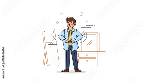 Young caucasian male dressing in front of mirror in bedroom