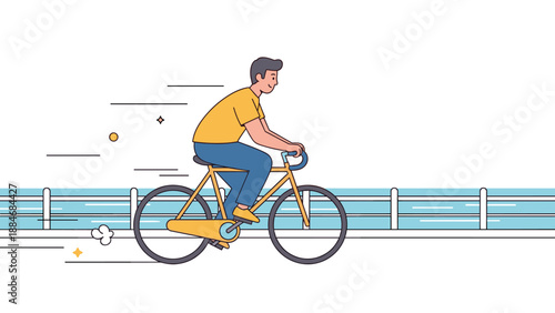 Young caucasian male cycling by the waterfront in casual attire