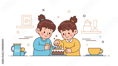 Two young caucasian girls decorating cake in kitchen setting