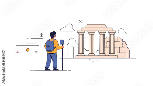 Cartoon male tourist exploring ancient ruins with backpack and map