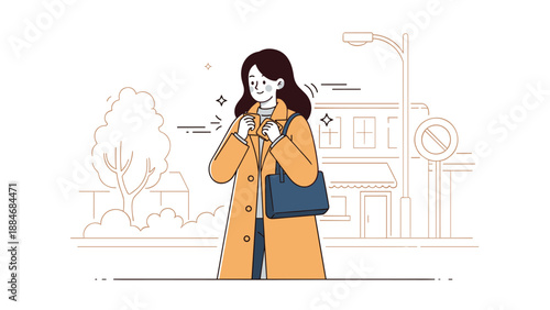 Young asian female in orange coat walking in urban setting