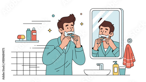 Young caucasian male flossing teeth in bathroom mirror reflection
